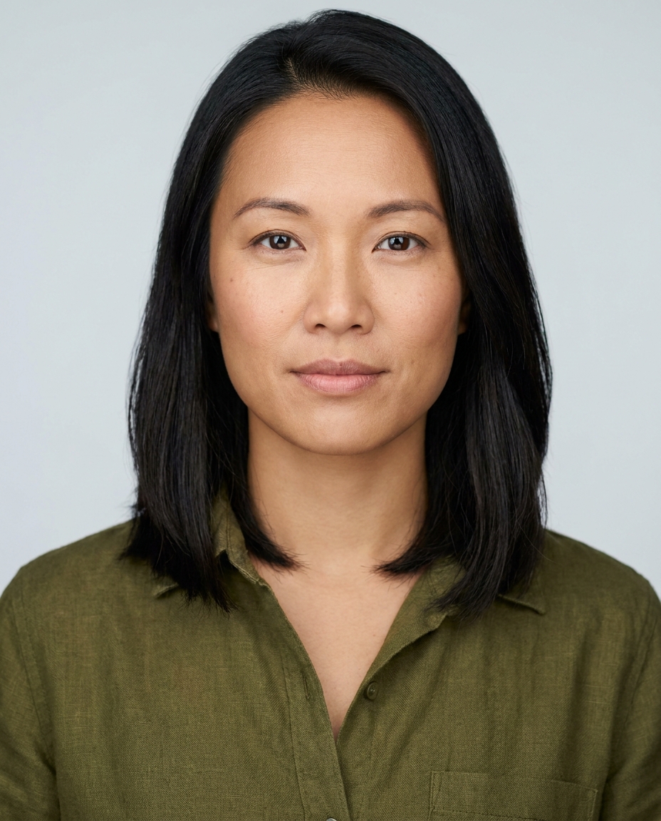 Caninie founder portrait, olive linen shirt, soft window light
