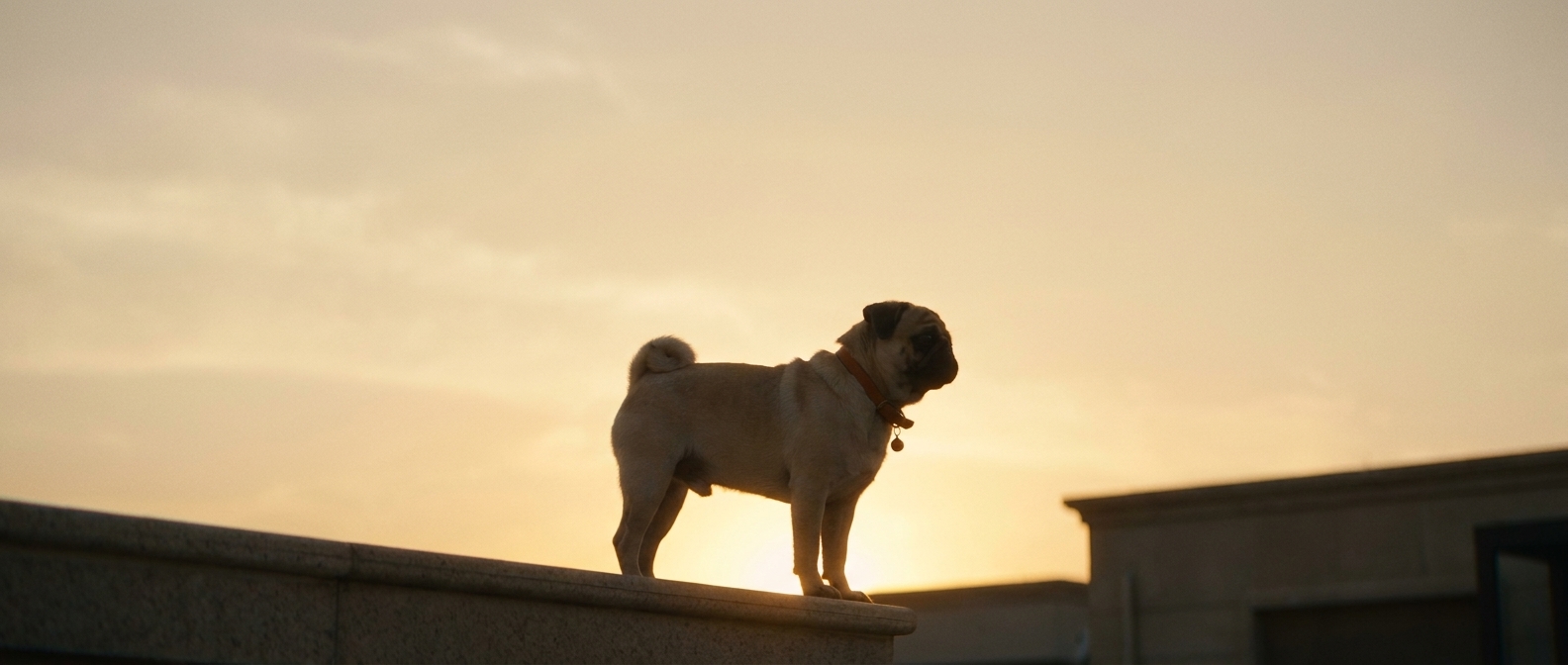 Rooftop dusk silhouette with pet and owner