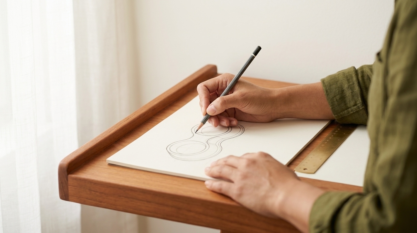 Founder sketching product design on cream paper
