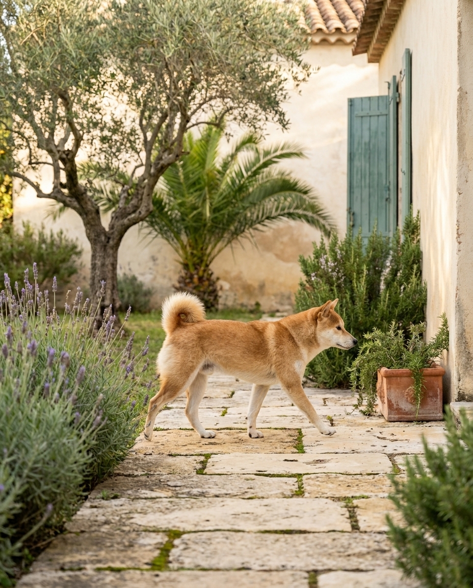 Shiba walking beside owner on Tuscan garden path