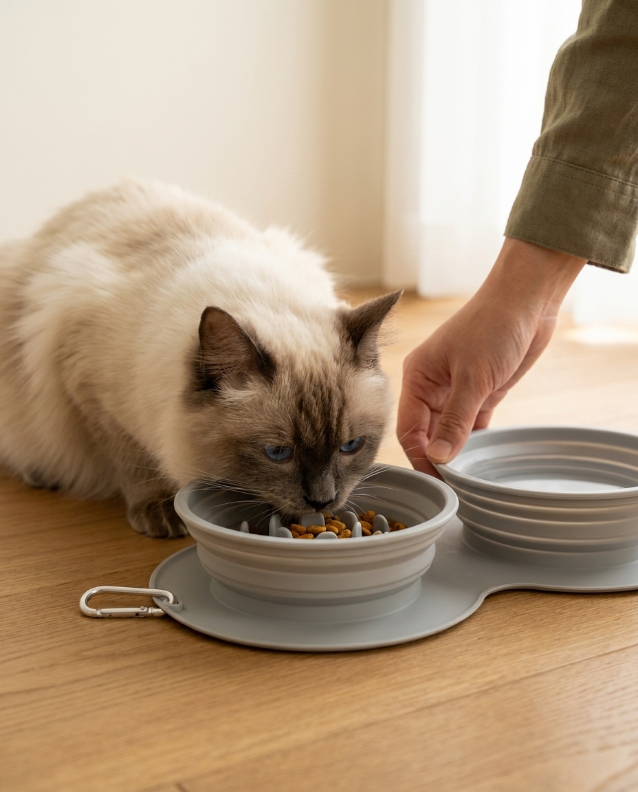 Ragdoll cat eating from Monchéri bowl