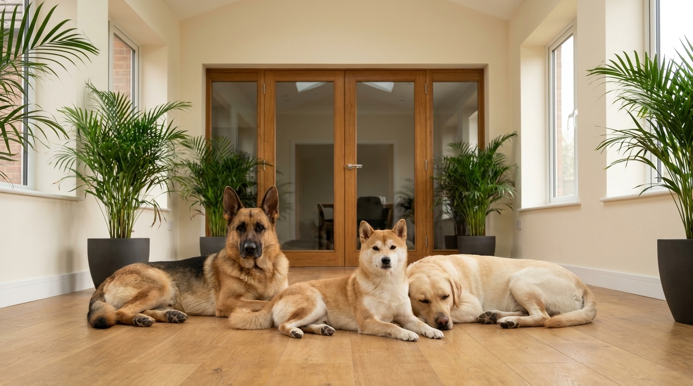 Three dogs in contemporary sunroom — dogs collection hero